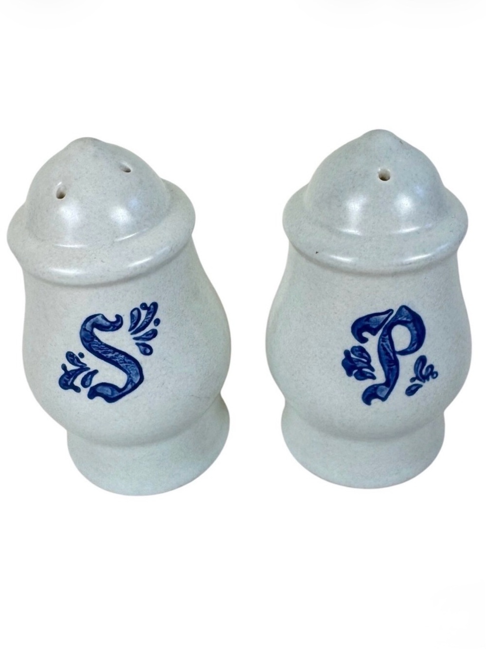 Vintage Stoneware Salt and Pepper Shakers Gray Cobalt Blue Script Farmhouse Set